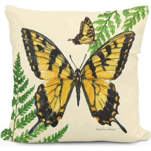 Outdoor Pillow Beautiful Butterfly in Natural, Green, Yellow & Black Pattern 18 x 18