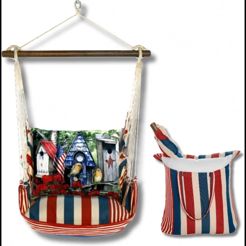 Outdoor Swing 4 Piece Set in Stars & Stripes w/ Americana Birdhouses Pillow in Sundure Fabric