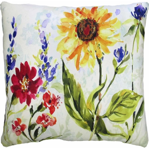 Outdoor Pillow Sunflower Field Yellow, Green, Red, Purple Pattern 18 x 18