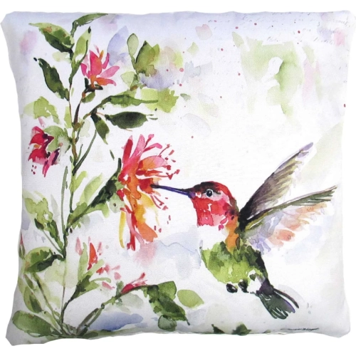 Outdoor Pillow Hummingbird w/ Hanging Plant 2 in Pink, Green & Blue Pattern 18 x 18