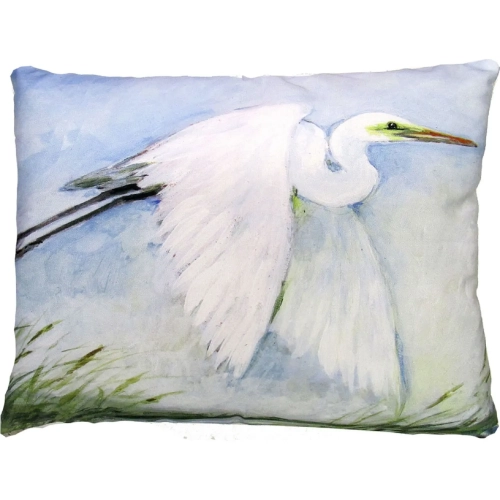 Outdoor Pillow White Egret Flying in Blue, White & Green Pattern 19 x 24