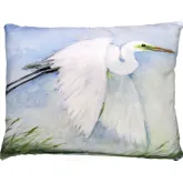 Outdoor Pillow White Egret Flying in Blue, White & Green Pattern 19 x 24