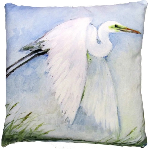 Outdoor Pillow White Egret Flying in Blue, White & Green Pattern 18 x 18