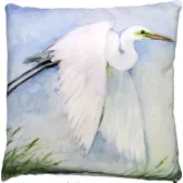 Outdoor Pillow White Egret Flying in Blue, White & Green Pattern 18 x 18