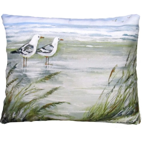 Outdoor Pillow Seagulls on Beach in Sea Blue, Green & White Pattern 19 x 24