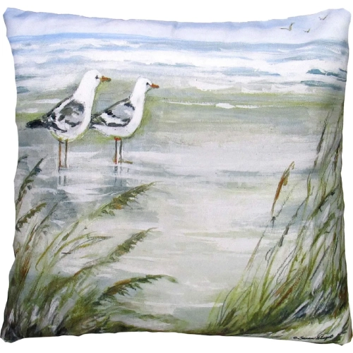 Outdoor Pillow Seagulls on Beach in Sea Blue, Green & White Pattern 18 x 18
