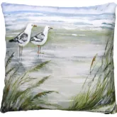 Outdoor Pillow Seagulls on Beach in Sea Blue, Green & White Pattern 18 x 18