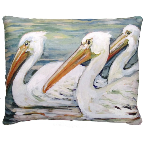 Outdoor Pillow 3 Pelicans Swimming in White, Orange & Blue Pattern 19 x 24
