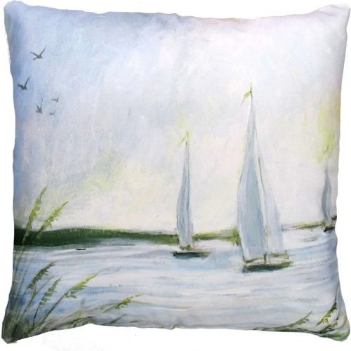 Outdoor Pillow Sailboats in Sea Blue, Green & White Pattern 18 x 18