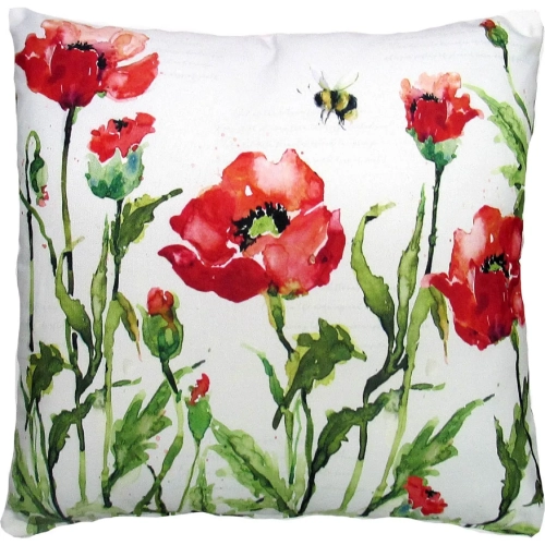 Outdoor Pillow Poppies & Bee in Red, White & Green Pattern 18 x 18