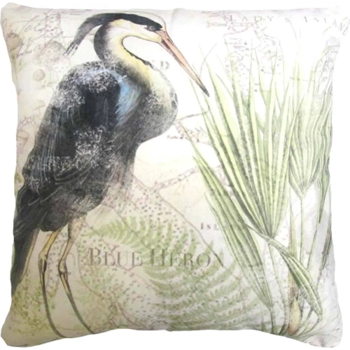Outdoor Pillow Great Heron 1 in Black, Green & Natural Pattern 18 x 18