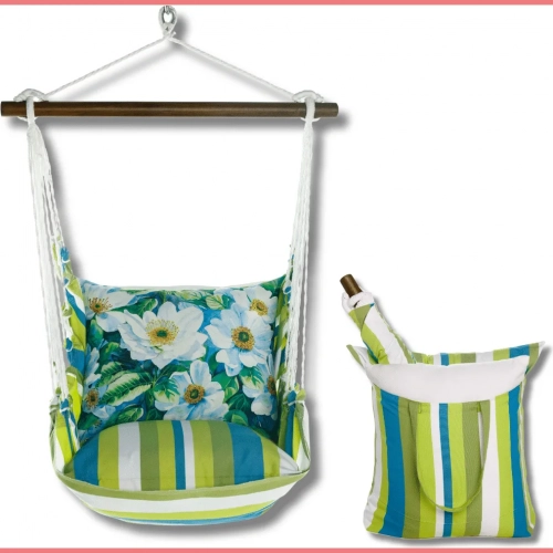 Outdoor Swing 4 Piece Set in Beach Boulevard Stripe w/ White Flowers Pillow in Sundure Fabric