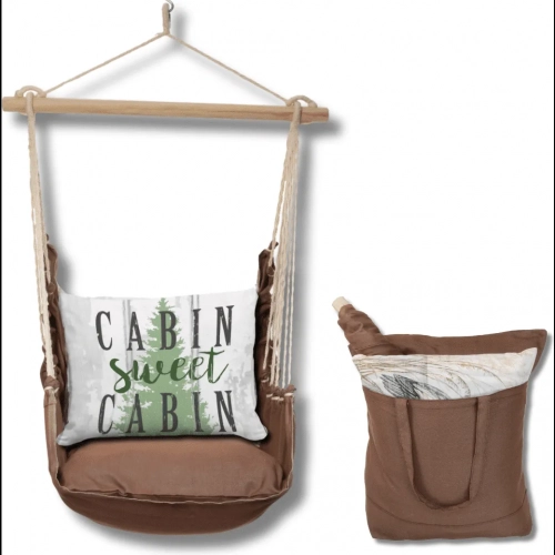Outdoor Swing 4 Piece Set in Chocolate Brown w/ Cabin Sweet Cabin Pillow in Sundure Fabric