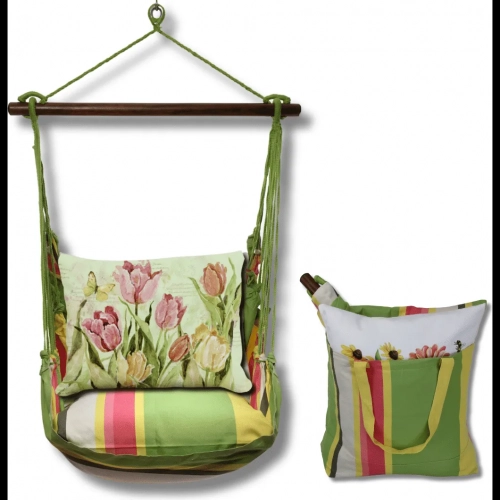 Outdoor Swing 4 Piece Set in Fresh Lime Stripe w/ Pink & Yellow Tulips Pillow in Sundure Fabric