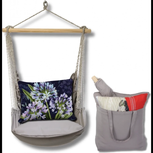 Outdoor Swing 4 Piece Set in Gray w/ Midnight Garden Lilies Pillow in Sundure Fabric