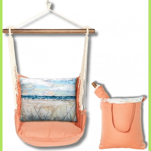 Outdoor Swing 4 Piece Set in Living Coral w/ Coastal Landscape 2 Pillow in Sundure Fabric