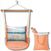 Outdoor Swing 4 Piece Set in Living Coral w/ Coastal Landscape 2 Pillow in Sundure Fabric