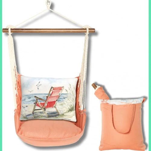 Outdoor Swing 4 Piece Set in Living Coral w/ Red Beach Chair Pillow in Sundure Fabric