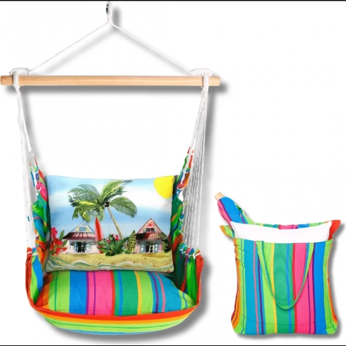 Outdoor Swing 4 Piece Set in Le Jardin Nouveau Stripe w/ Surf Shacks Pillow in Sundure Fabric