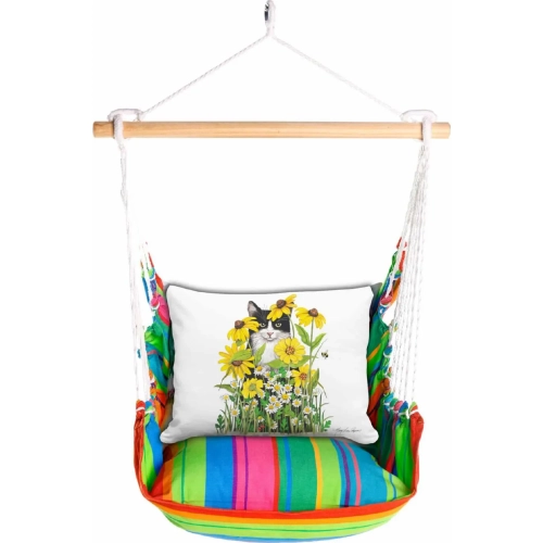 Outdoor Swing 4 Piece Set in Le Jardin Nouveau Stripe w/ Cat & Daisies Pillow in Sundure Fabric