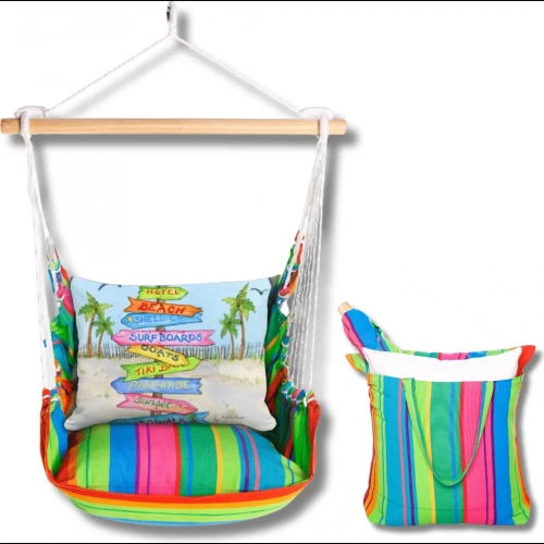 Outdoor Swing 4 Piece Set in Le Jardin Nouveau Stripe w/ Beach Signs Pillow in Sundure Fabric