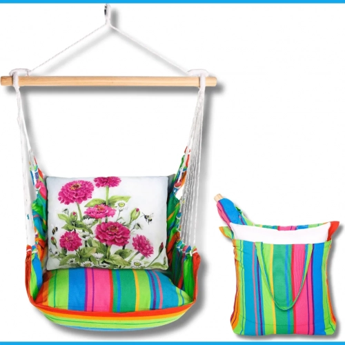 Outdoor Swing 4 Piece Set in Le Jardin Nouveau Stripe w/ Pink Zinnias Pillow in Sundure Fabric