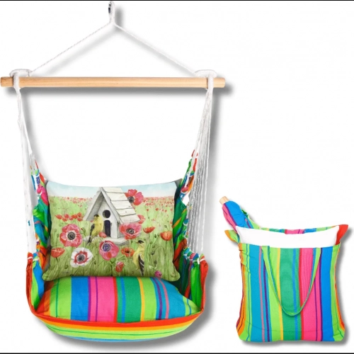 Outdoor Swing 4 Piece Set in Le Jardin Nouveau Stripe w/ Birds & Poppy Pillow in Sundure Fabric