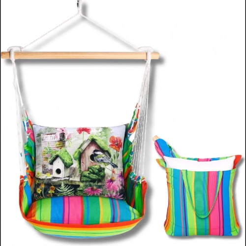 Outdoor Swing 4 Piece Set in Le Jardin Nouveau Stripe w/ Garden Birdhouses Pillow in Sundure Fabric