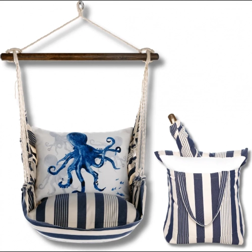 Outdoor Swing 4 Piece Set in Marina Blue Stripe w/ Indigo Octopus Pillow in Sundure Fabric