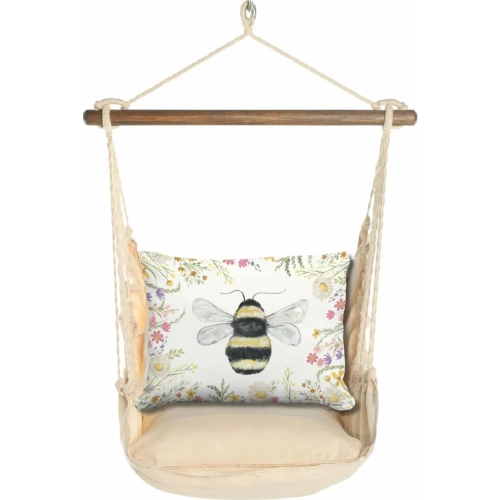 Outdoor Swing 4 Piece Set in Magnolia Neutral Stripe w/ Floral Bee Pillow in Sundure Fabric