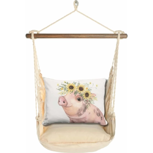 Outdoor Swing 4 Piece Set in Magnolia Neutral Stripe w/ Pig & Sunflowers Pillow in Sundure Fabric