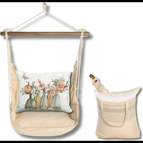 Outdoor Swing 4 Piece Set in Magnolia Neutral Stripe w/ Flowers & Bottles Pillow in Sundure Fabric