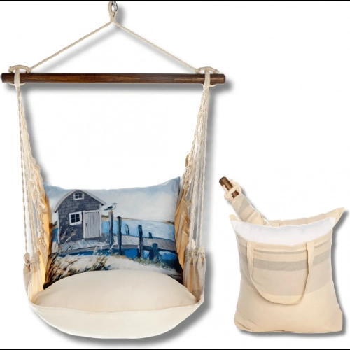 Outdoor Swing 4 Piece Set in Magnolia Neutral Stripe w/ Boat House Pier Pillow in Sundure Fabric