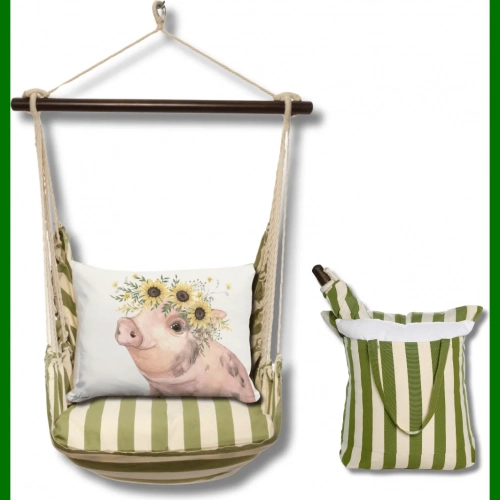 Outdoor Swing 4 Piece Set in Summer Palms Green Stripe w/ Pig & Sunflowers Pillow in Sundure Fabric