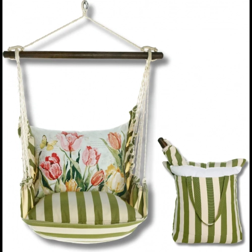 Outdoor Swing 4 Piece Set in Summer Palms Green Stripe w/ Pink & Yellow Pillow in Sundure Fabric