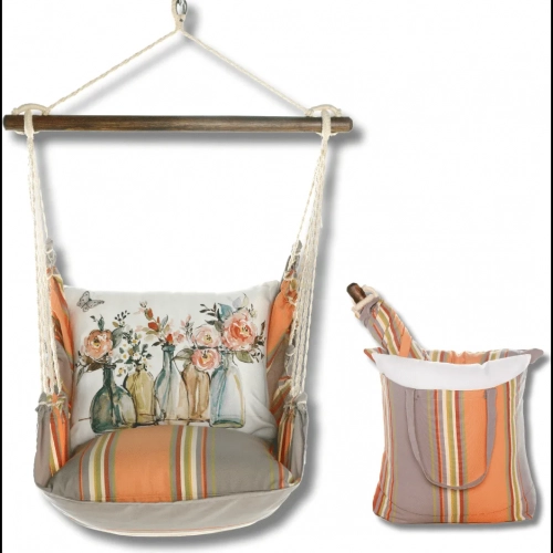 Outdoor Swing 4 Piece Set in Serene Sunset Stripe w/ Flowers & Bottle Pillow in Sundure Fabric