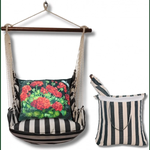 Outdoor Swing 4 Piece Set in True Black Stripe w/ Geranium on Black Pillow in Sundure Fabric