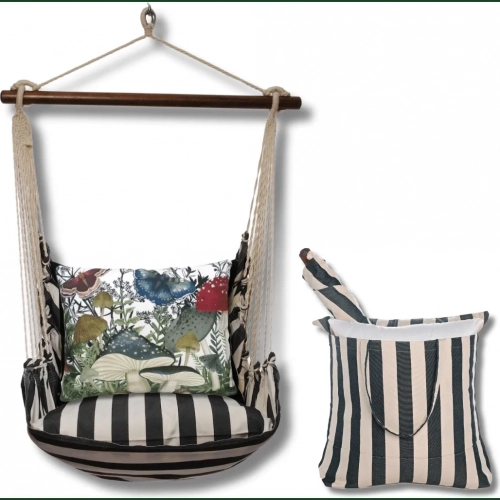 Outdoor Swing 4 Piece Set in True Black Stripe with Botanical Mushrooms 2 Pillow in Sundure Fabric