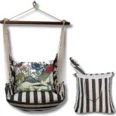 Outdoor Swing 4 Piece Set in True Black Stripe with Botanical Mushrooms 2 Pillow in Sundure Fabric