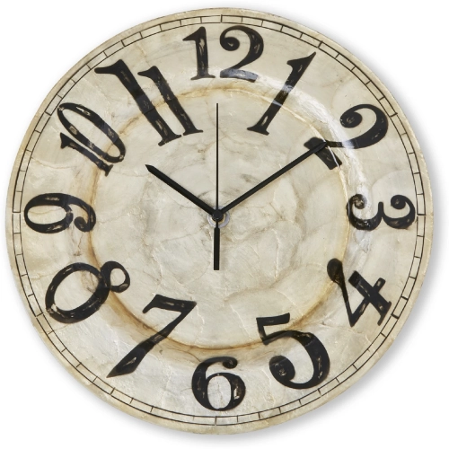 Clock Wall Decor in Capiz Shell Pearl with Black Numbers
