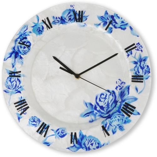 Clock Wall Decor in Capiz Shell with Blue Flowers