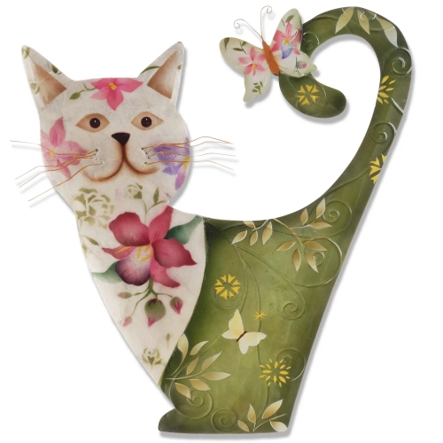 Cat Metal Wall Decor in White & Green Pattern