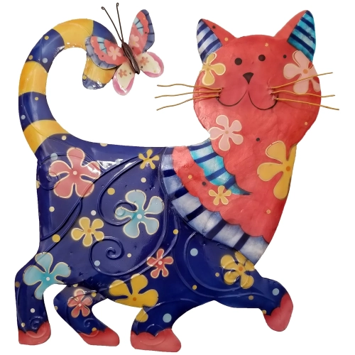 Cat Metal Wall Decor in Blue & Red Pattern