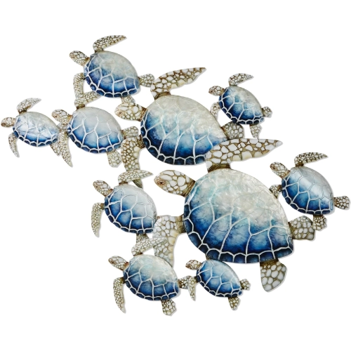 Sea Turtles 10 Piece Set Wall Decor in Capiz Shell & Blue Tin Metal