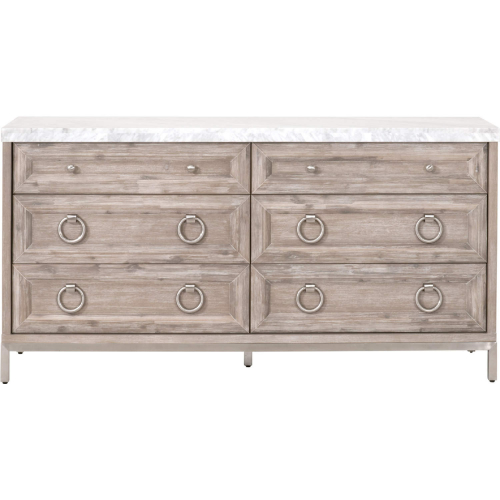 Azure 6 Drawer Double Dresser in Gray Wood, White Carrera Marble & Steel 6155.NG-BSTL/WHT