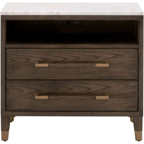Cambria 2 Drawer Nightstand in Brown Oak, Bianco Marble & Brass 5250.DB-OAK/BIA