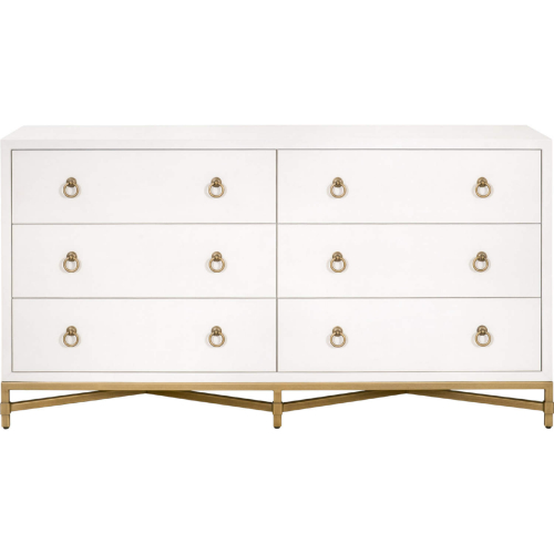 Strand 6 Drawer Double Dresser in Pearl White Faux Shagreen & Brushed Gold 6122.PRL-SHG/GLD