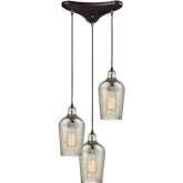 Hammered Glass 3 Light Triangle Pan Fixture in Rubbed Bronze w/ Hammered Mercury Glass