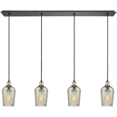 Hammered Glass 4 Light Linear Pan Fixture in Rubbed Bronze w/ Hammered Mercury Glass