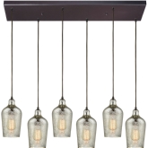 Hammered Glass 6 Light Rectangle Fixture in Rubbed Bronze w/ Hammered Mercury Glass